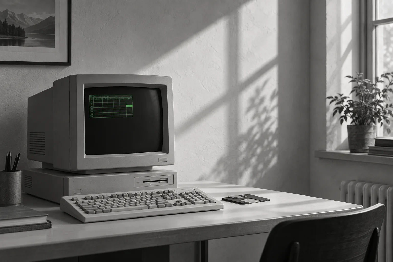 An early desktop computer with a green spreadsheet display in soft window light